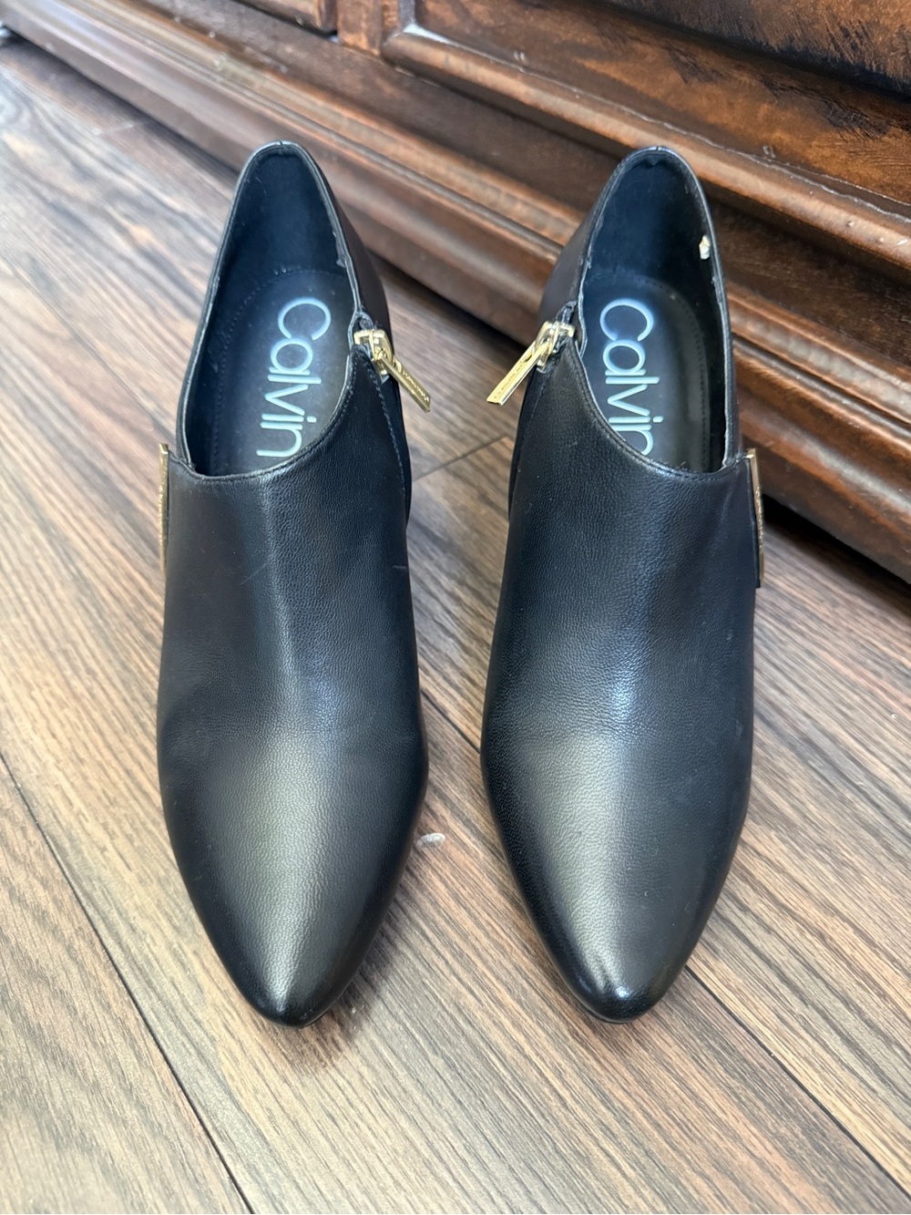 Calvin Klein Black Pointed Toe Leather Heels with Gold Zipper